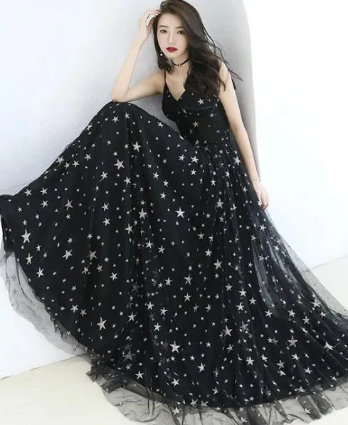 Charming Black Straps Long Party Dress, V-neckline Prom Dress