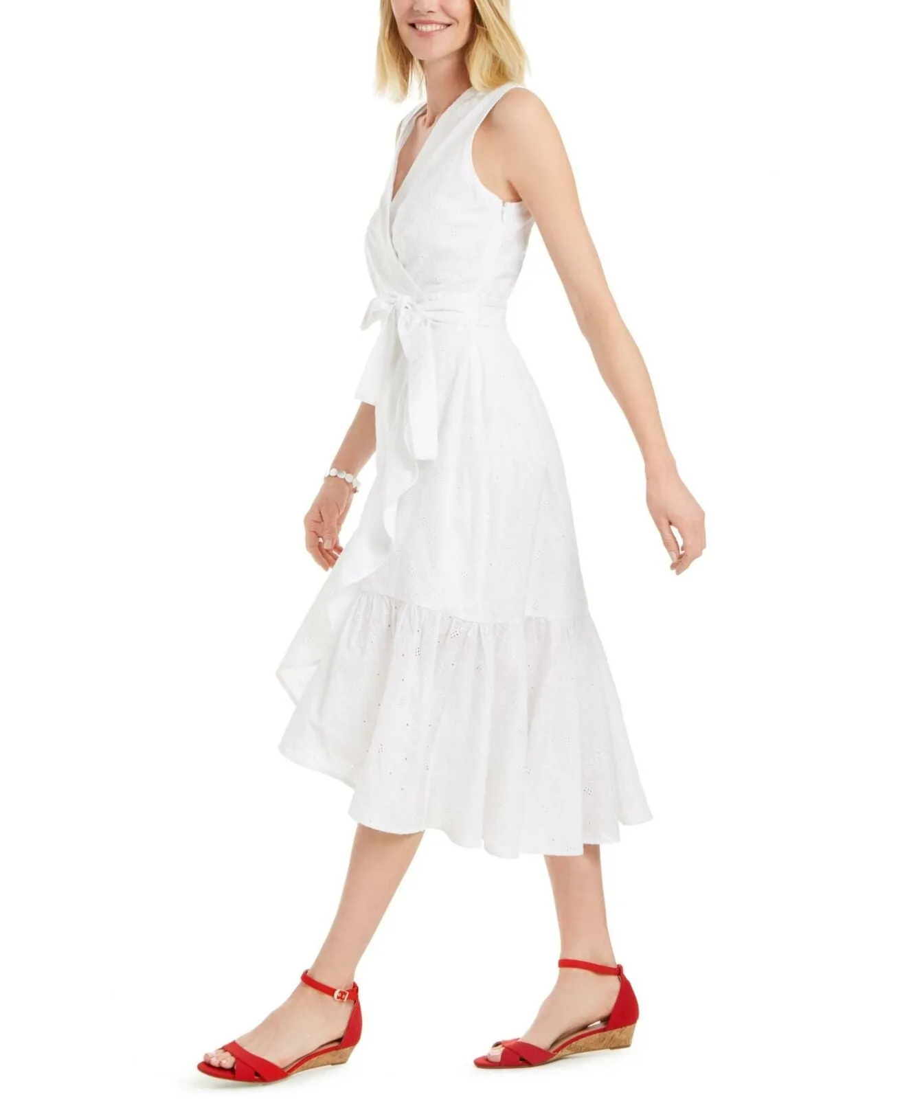Charter Club Cotton Eyelet Flounce Wrap Dress Bright White 12