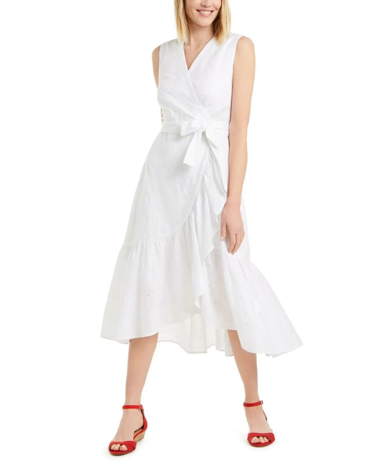 Charter Club Cotton Eyelet Flounce Wrap Dress Bright White 12