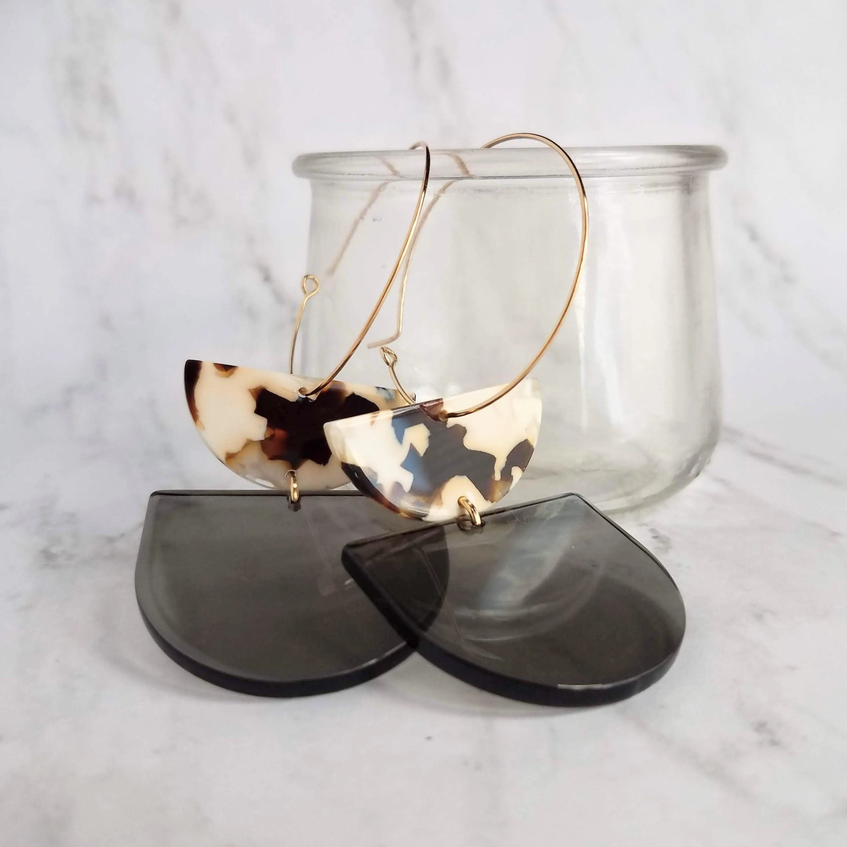 Chunky Geometric Earrings - large tortoise shell & smoky grey thick acrylic pieces in brown cream clear, thin gold hoop, 80s hoop earrings