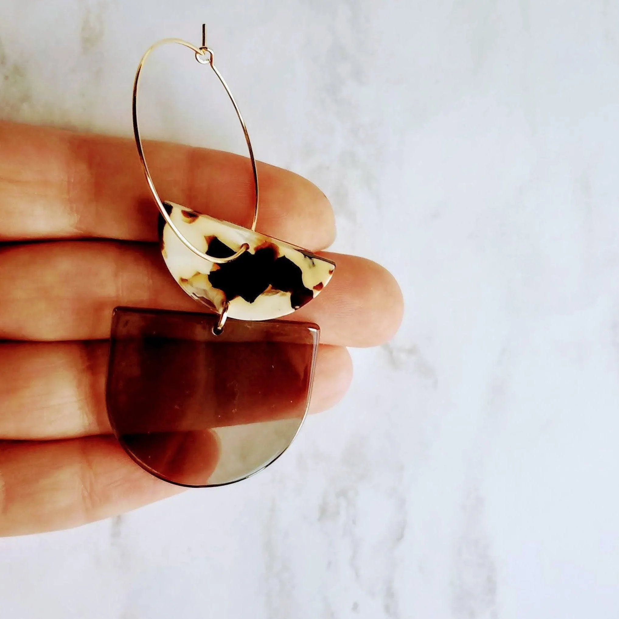 Chunky Geometric Earrings - large tortoise shell & smoky grey thick acrylic pieces in brown cream clear, thin gold hoop, 80s hoop earrings