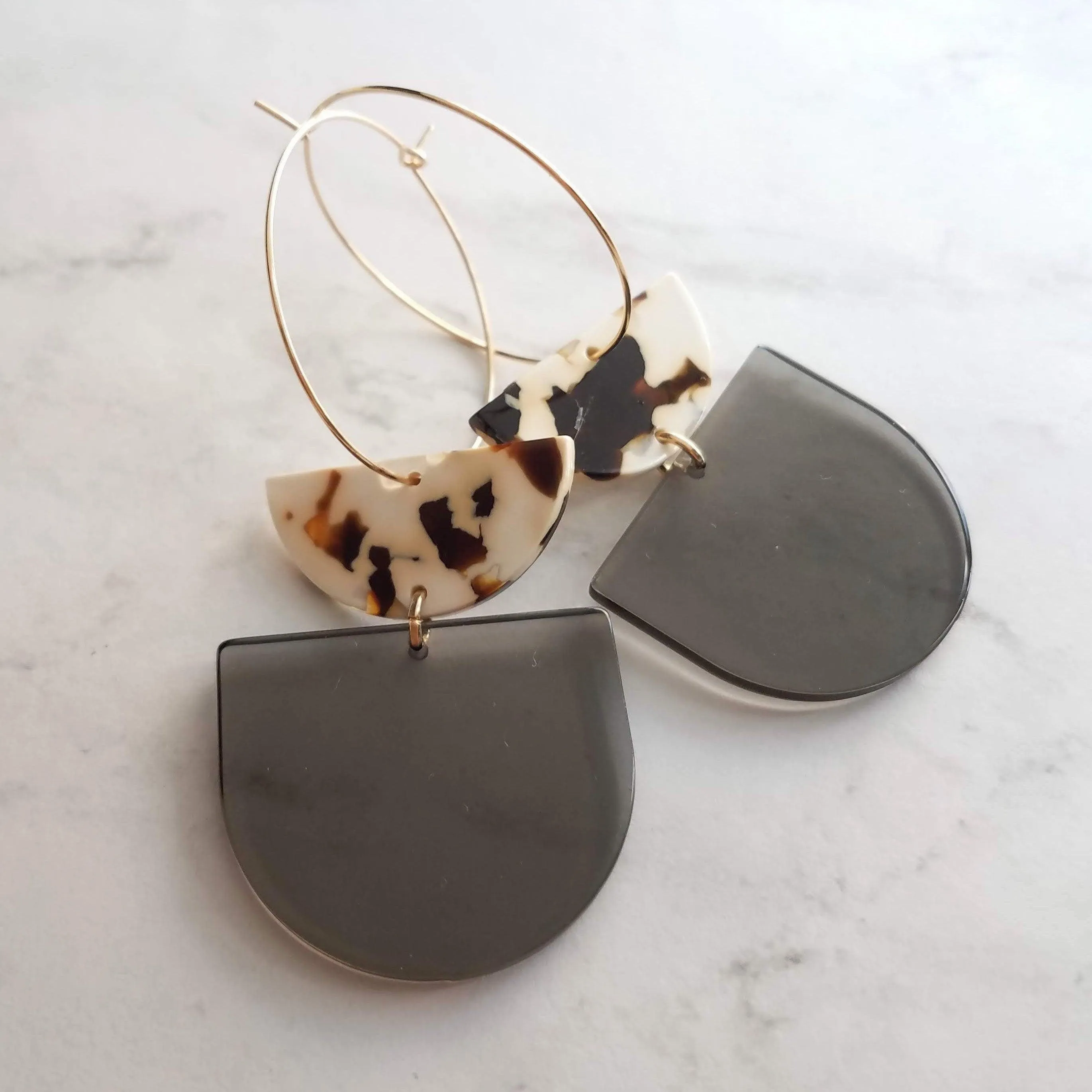 Chunky Geometric Earrings - large tortoise shell & smoky grey thick acrylic pieces in brown cream clear, thin gold hoop, 80s hoop earrings