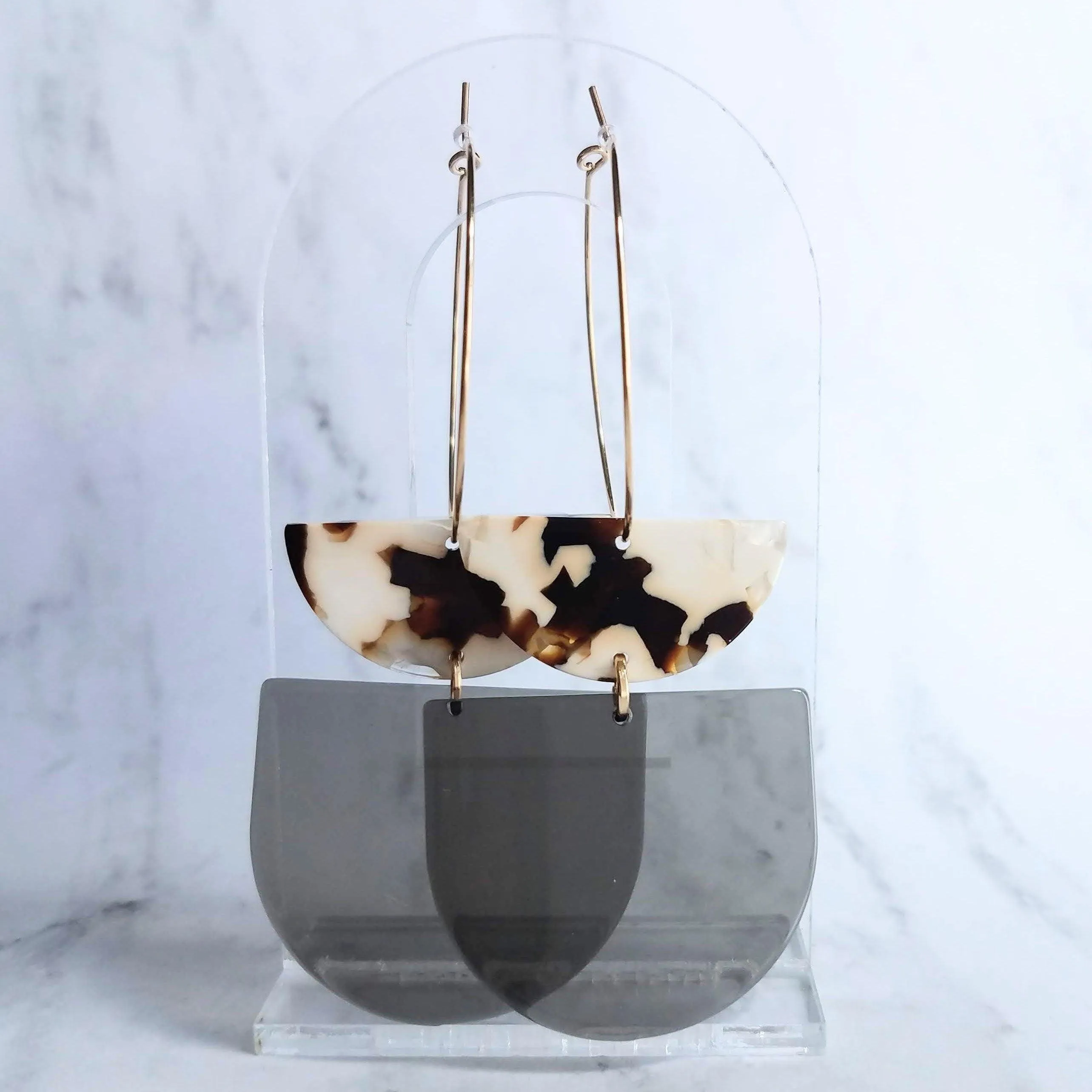 Chunky Geometric Earrings - large tortoise shell & smoky grey thick acrylic pieces in brown cream clear, thin gold hoop, 80s hoop earrings