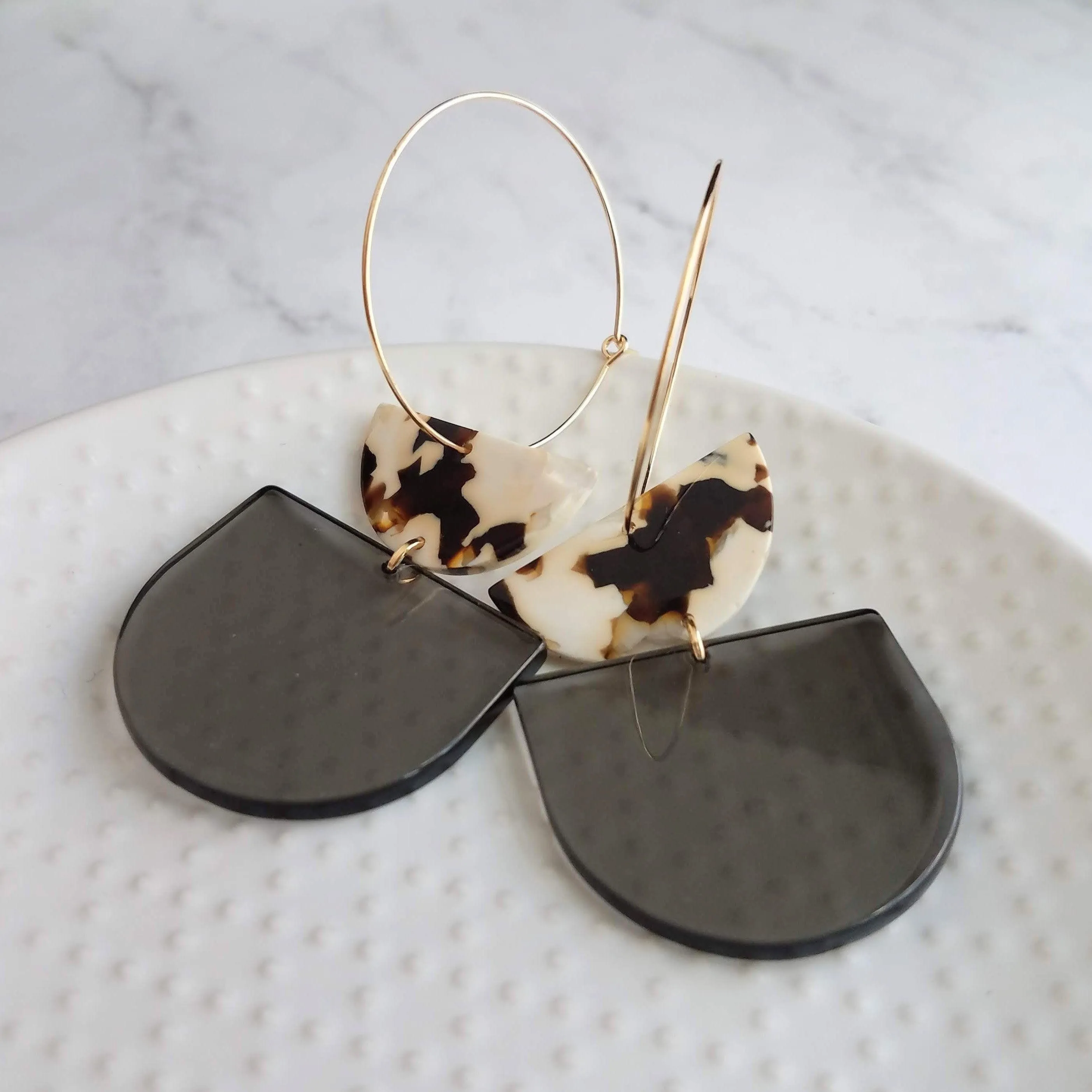 Chunky Geometric Earrings - large tortoise shell & smoky grey thick acrylic pieces in brown cream clear, thin gold hoop, 80s hoop earrings
