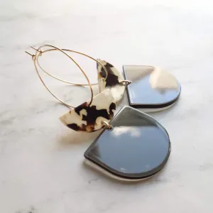 Chunky Geometric Earrings - large tortoise shell & smoky grey thick acrylic pieces in brown cream clear, thin gold hoop, 80s hoop earrings