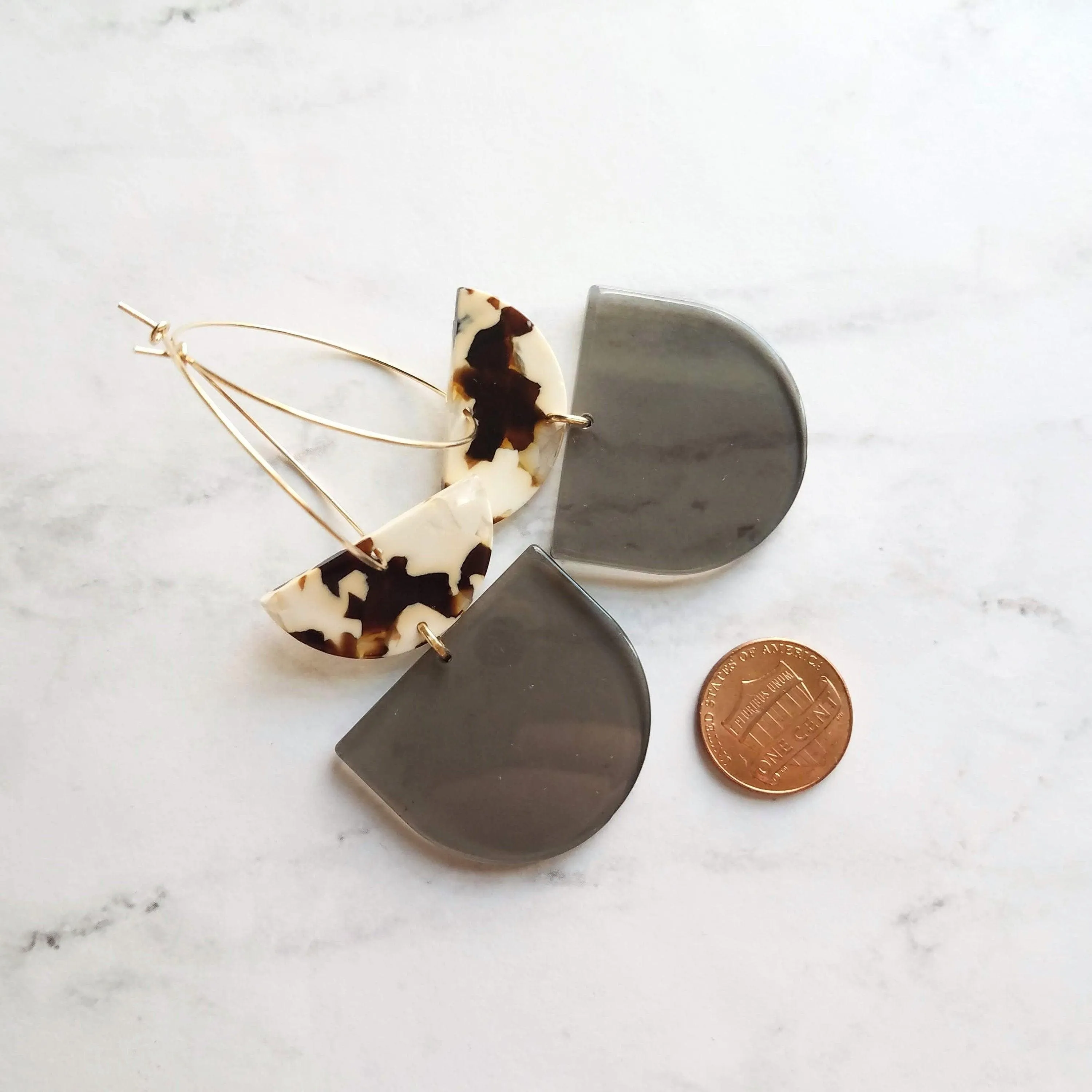 Chunky Geometric Earrings - large tortoise shell & smoky grey thick acrylic pieces in brown cream clear, thin gold hoop, 80s hoop earrings