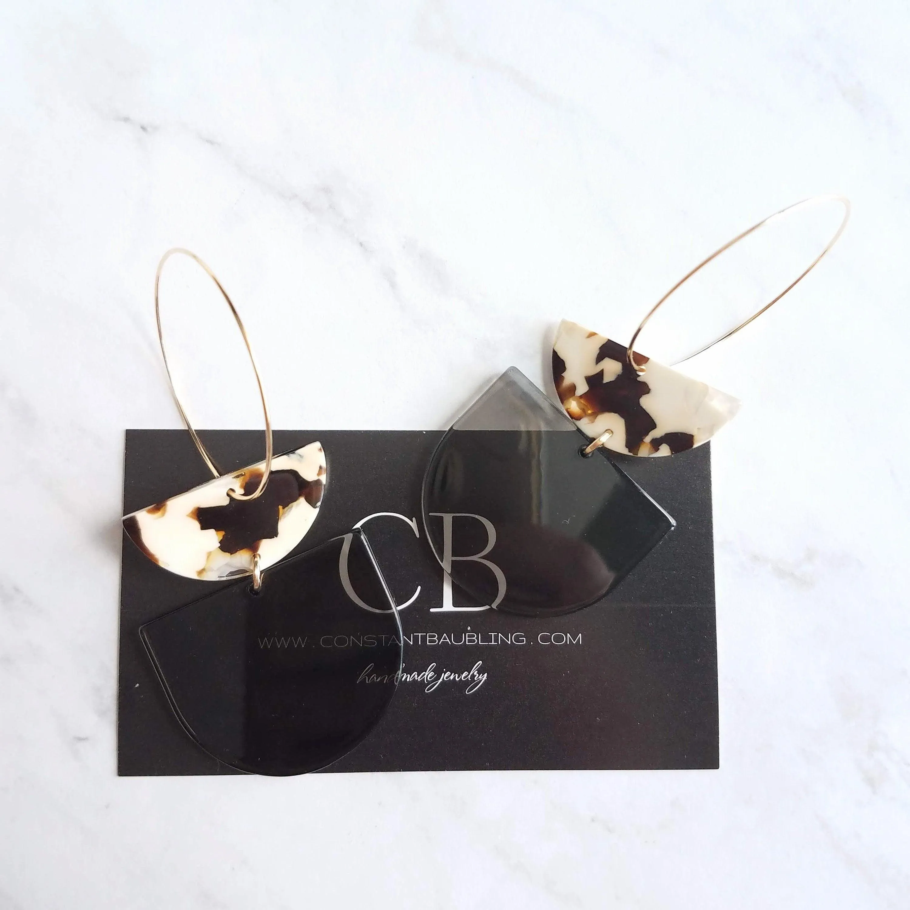 Chunky Geometric Earrings - large tortoise shell & smoky grey thick acrylic pieces in brown cream clear, thin gold hoop, 80s hoop earrings