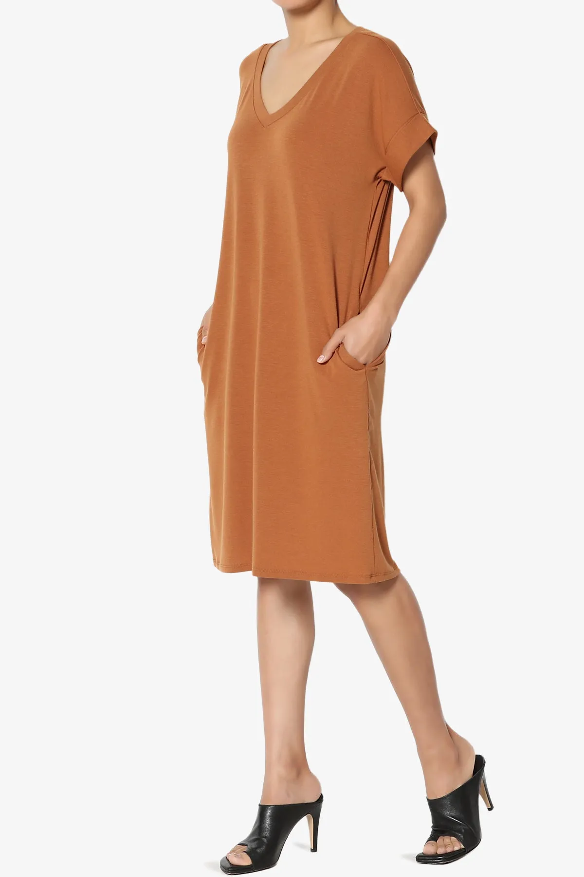 Cliff Rolled Short Sleeve V-Neck Dress