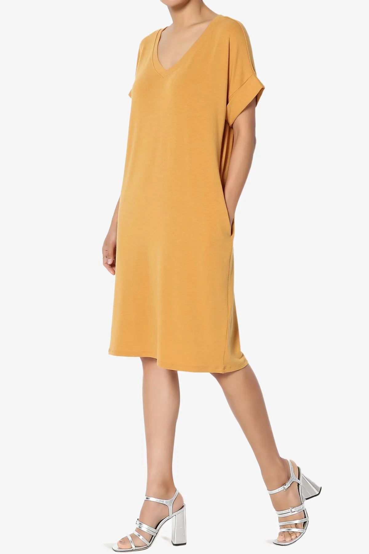 Cliff Rolled Short Sleeve V-Neck Dress