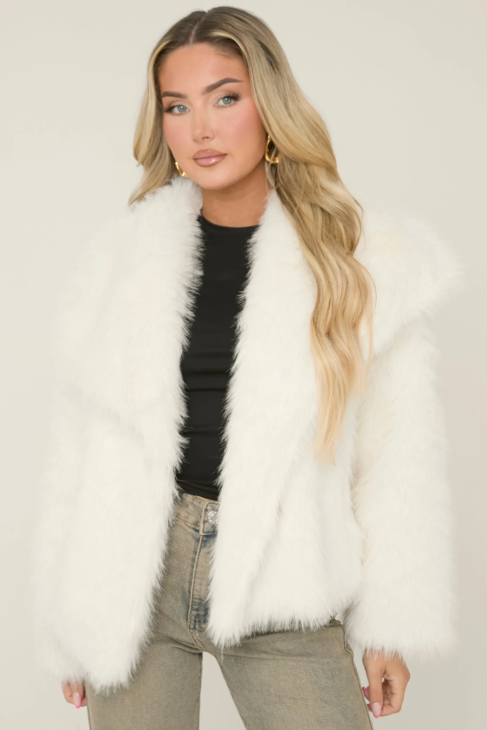 Cream Faux Fur Waterfall Long Sleeves Cropped Coat - Scottie