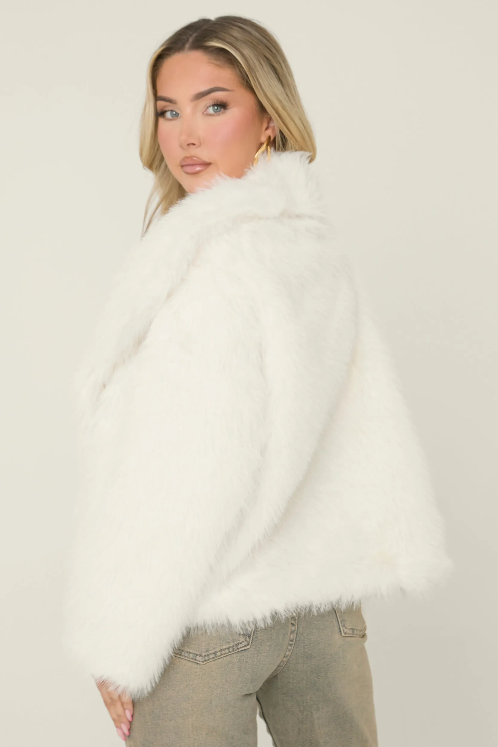 Cream Faux Fur Waterfall Long Sleeves Cropped Coat - Scottie