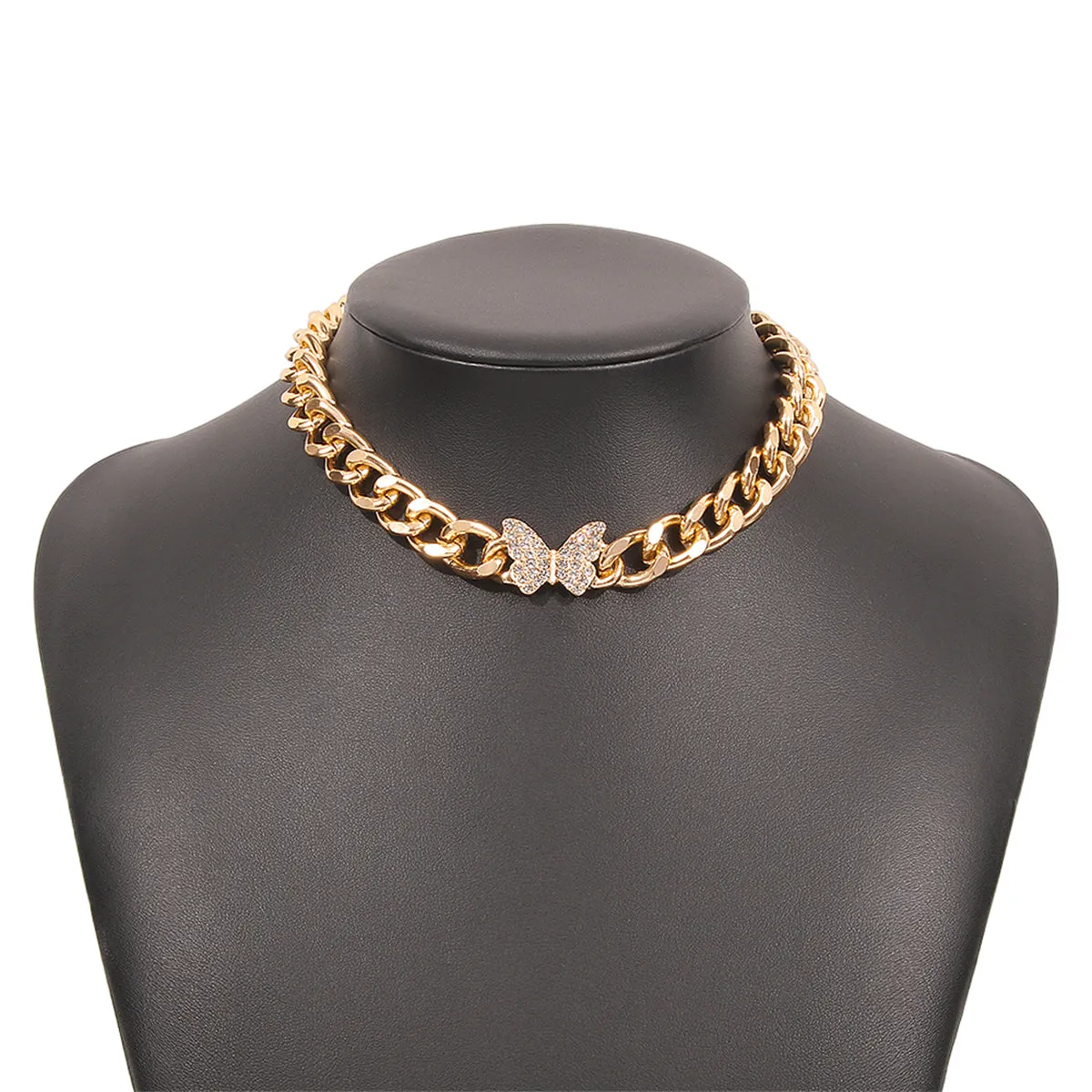 Cubic Zirconia & 18K Gold-Plated Curb Chain Butterfly Choker