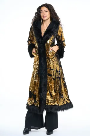 Deluxe Tamo Coat: Gold & Black Flip Sequin   Black Faux Fur Trim