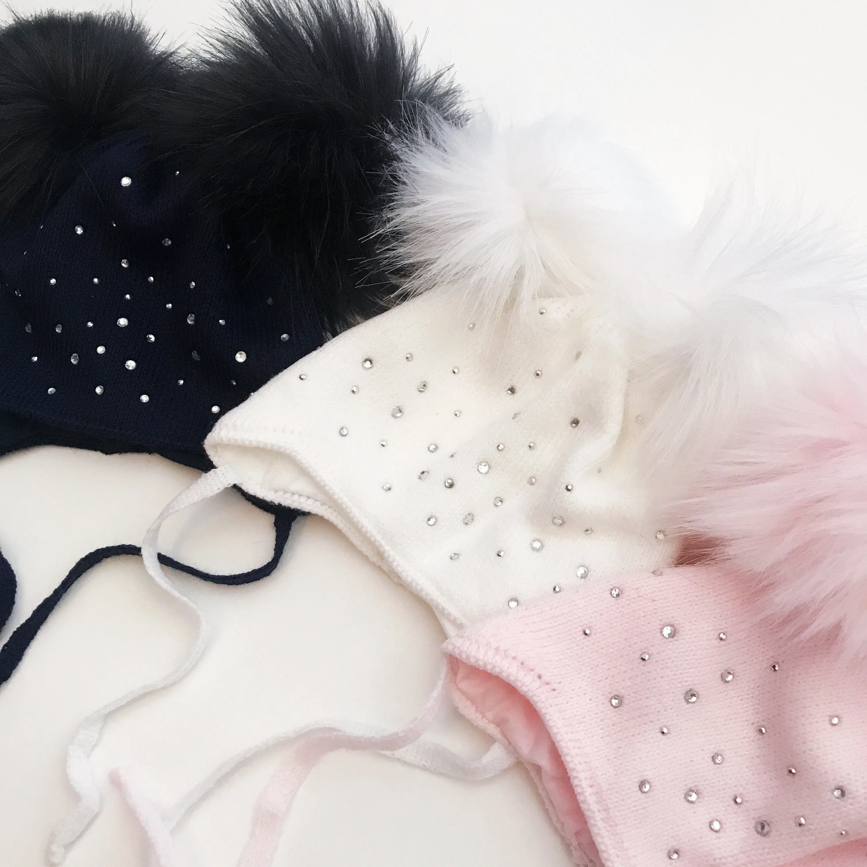 Diamanté Faux Fur Double Pom Pom Hat