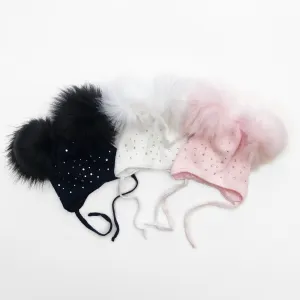 Diamanté Faux Fur Double Pom Pom Hat