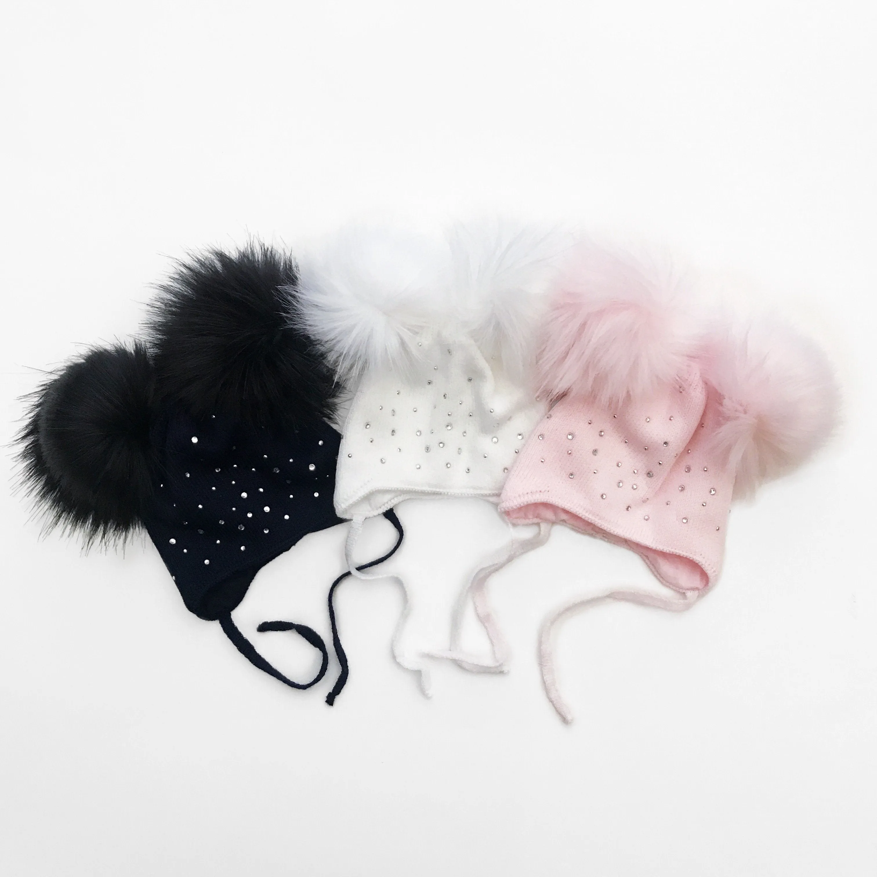 Diamanté Faux Fur Double Pom Pom Hat
