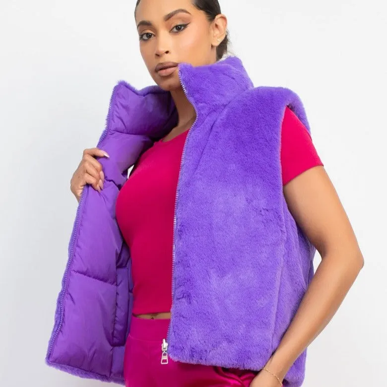 FAUX FUR PUFFER REVERSIBLE VEST Purple