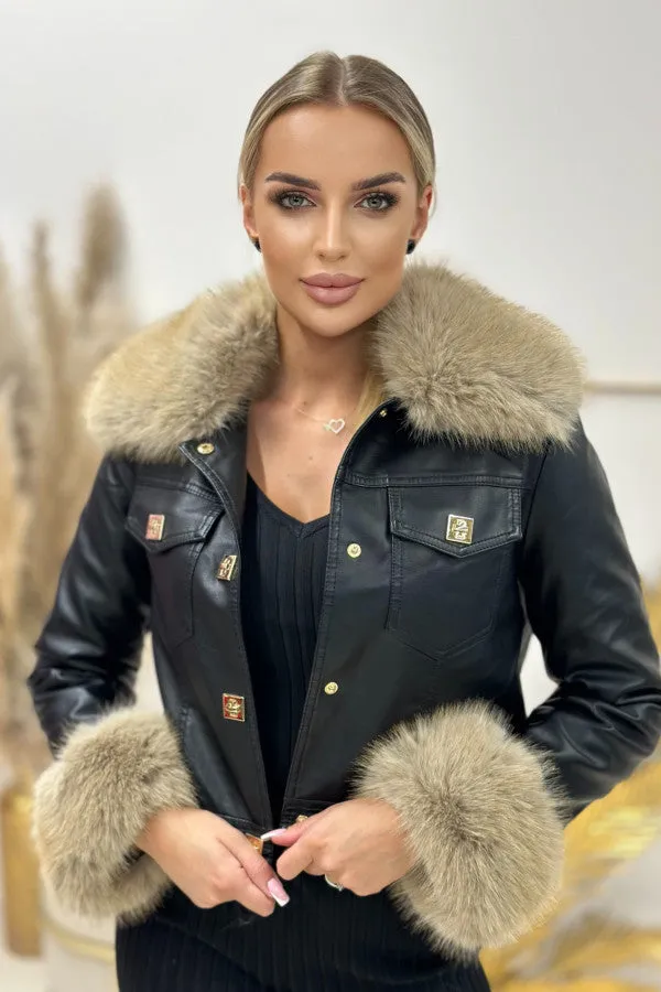 FAUX LEATHER JACKET WITH DETACHABLE FAUX FUR