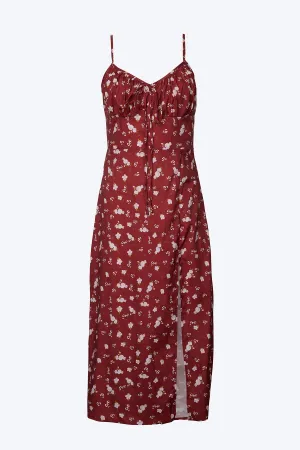 FLORAL-PRINT RUCHED SATIN SLIP MIDI DRESS