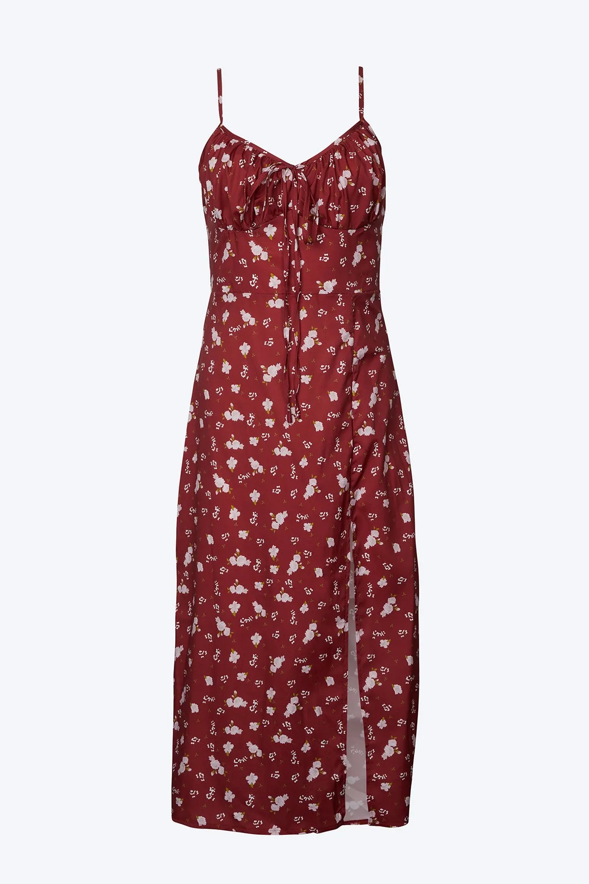 FLORAL-PRINT RUCHED SATIN SLIP MIDI DRESS
