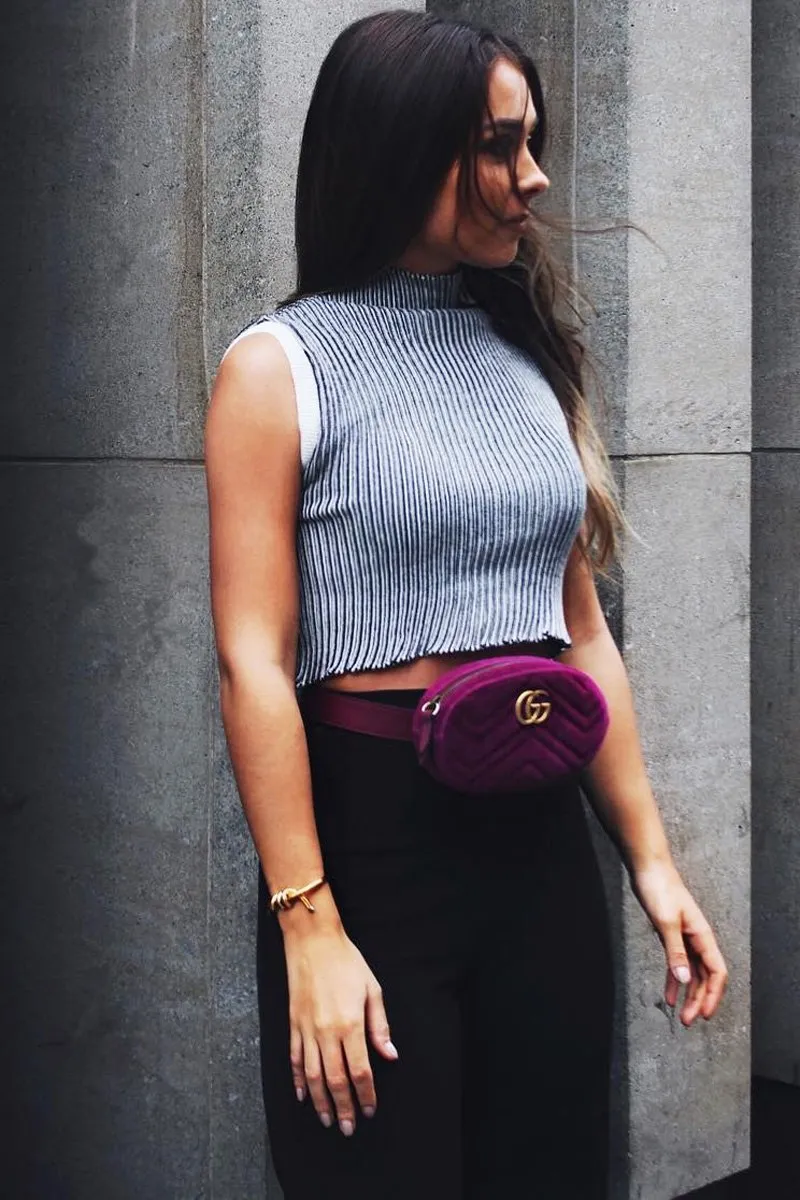 Grey White Rib Funnel Neck Knit Top - Moriyah