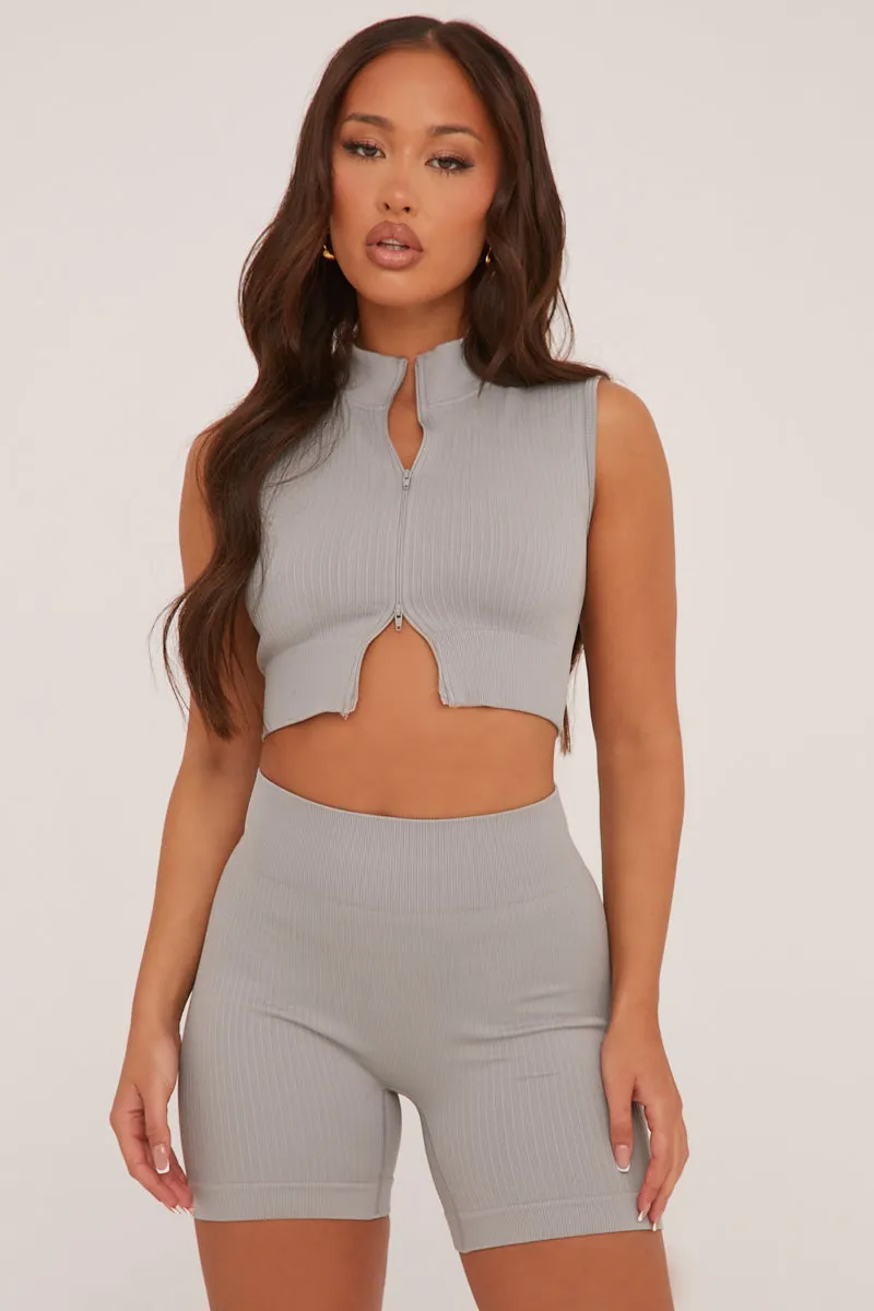 Grey Zip Front Seamless Cropped Top & Shorts Co-ord Set - Chelsea