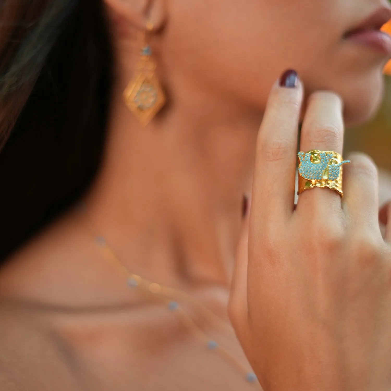 Guardian Turquoise Elephant Gold Chunky Adjustable Ring