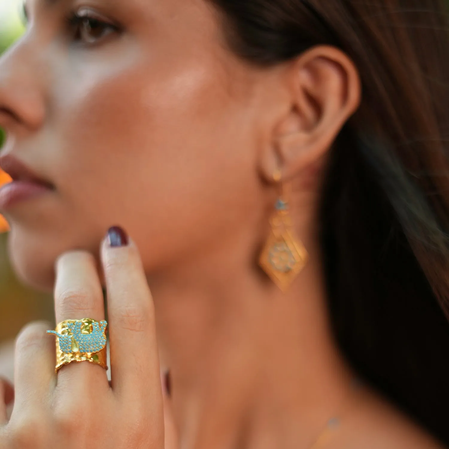 Guardian Turquoise Elephant Gold Chunky Adjustable Ring