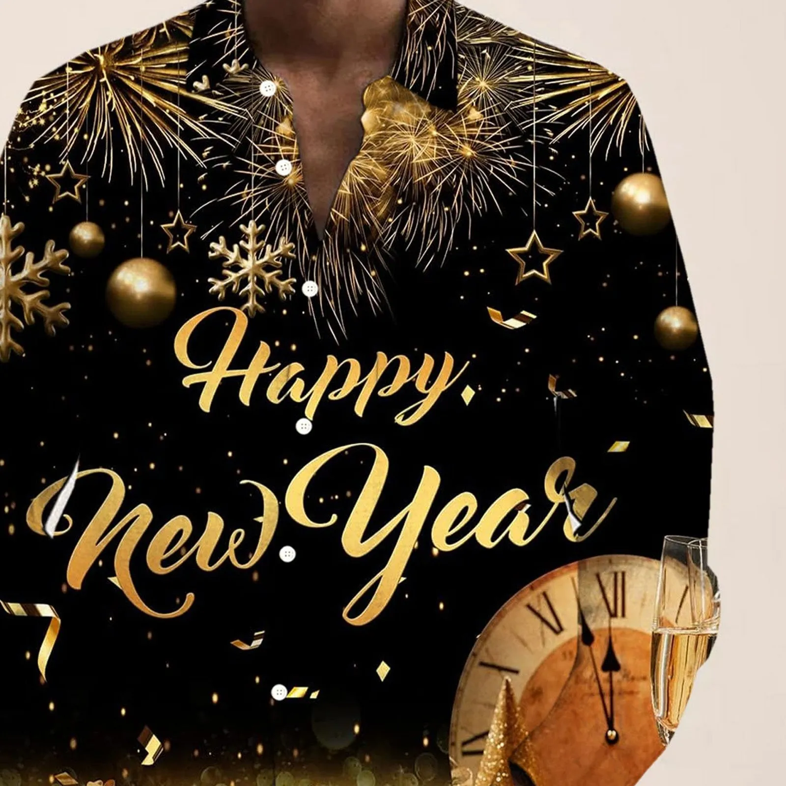 Happy New Year Print Men's Button Pocket Long Sleeve Shirt