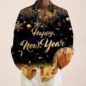 Happy New Year Print Men's Button Pocket Long Sleeve Shirt