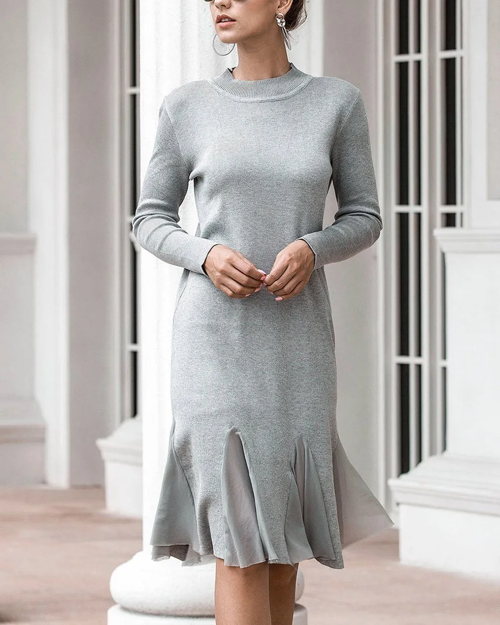 Hold On Casual Ruffle Knitted Dress - Grey