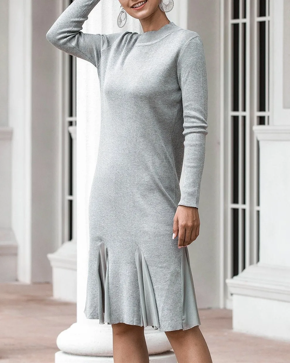 Hold On Casual Ruffle Knitted Dress - Grey