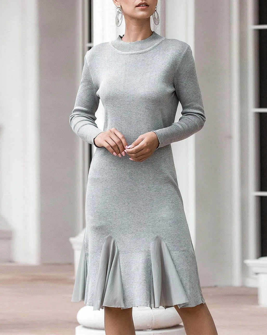 Hold On Casual Ruffle Knitted Dress - Grey