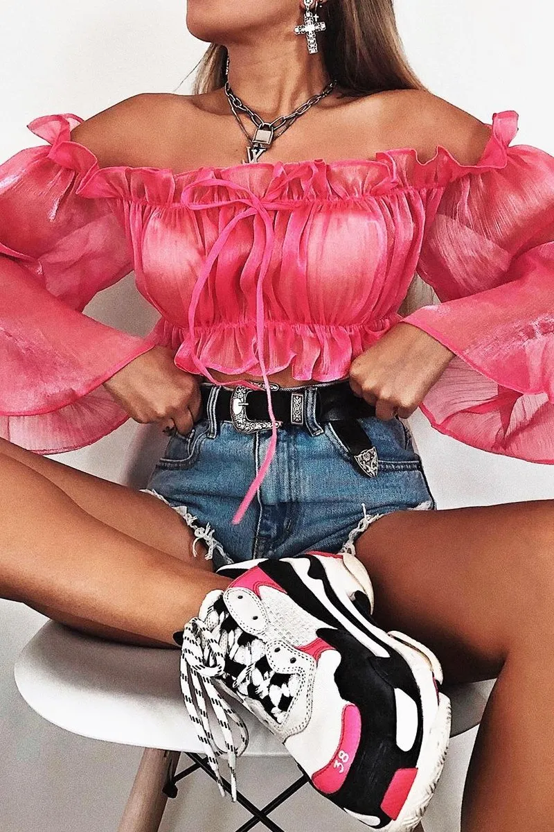 Hot Pink Mesh Frill Bardot Top - Rowe