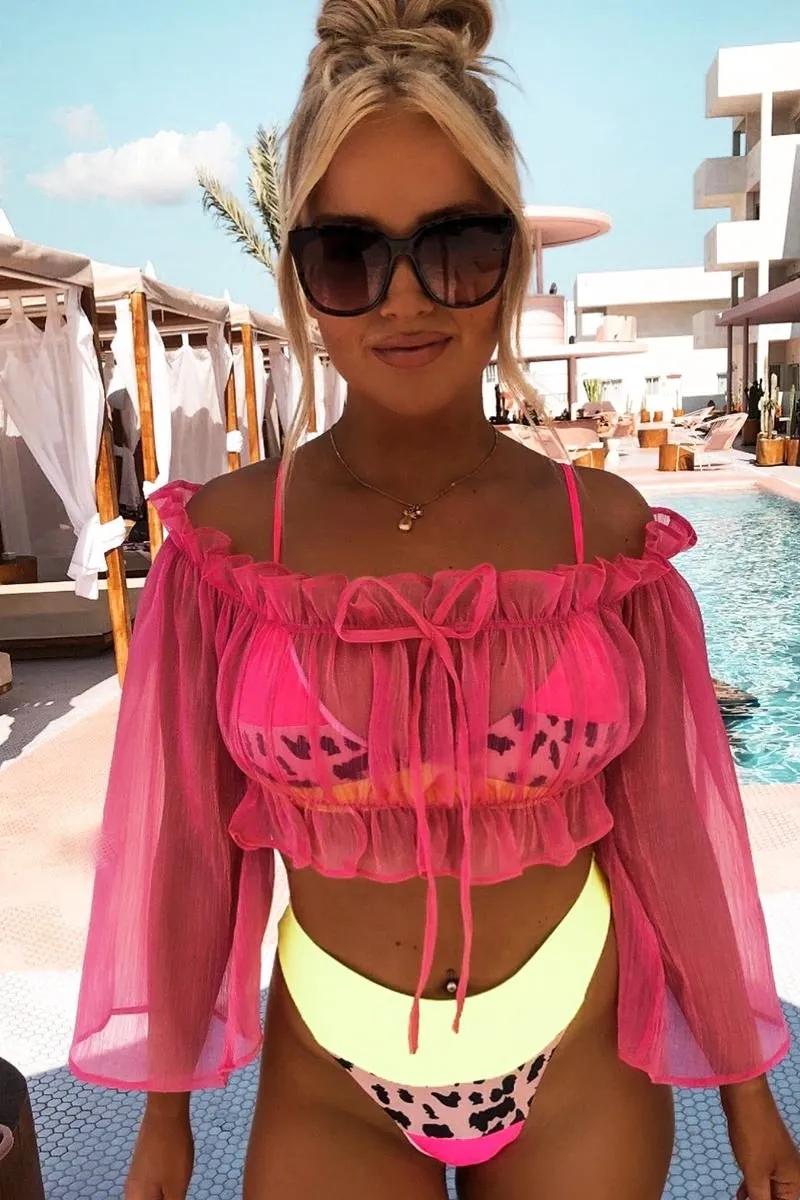Hot Pink Mesh Frill Bardot Top - Rowe