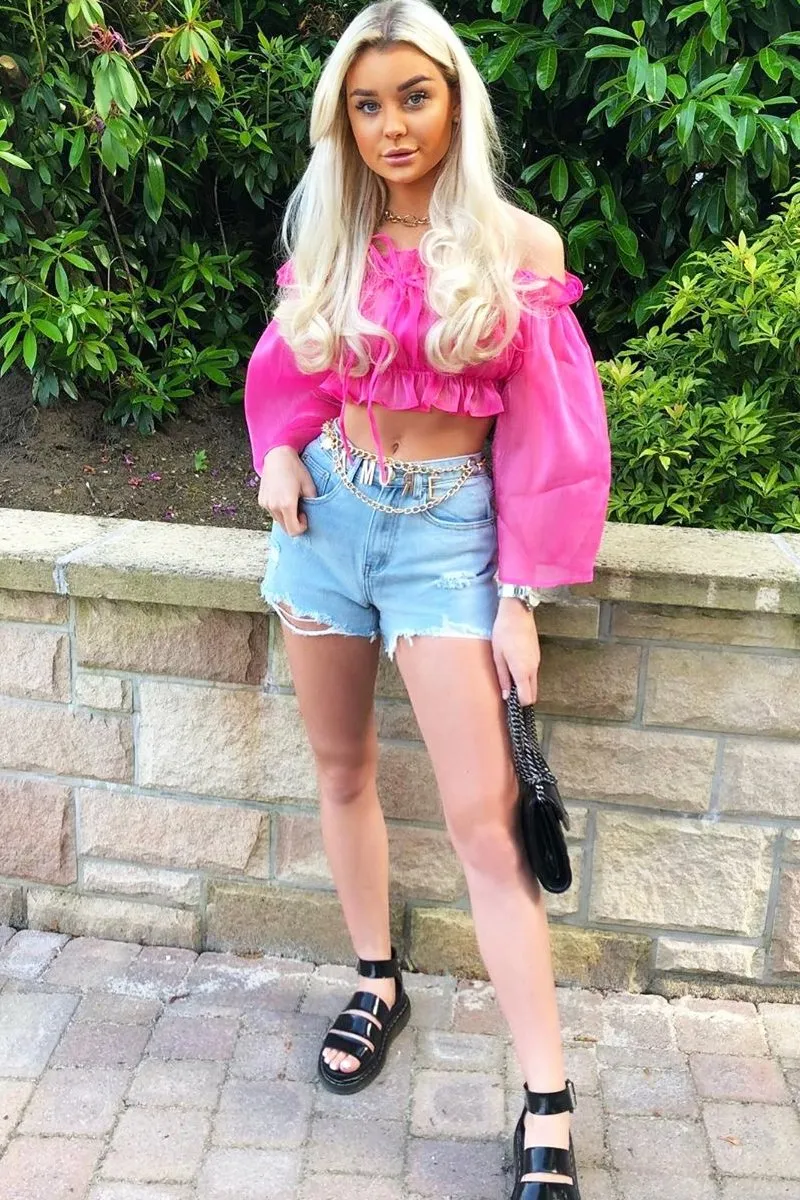 Hot Pink Mesh Frill Bardot Top - Rowe
