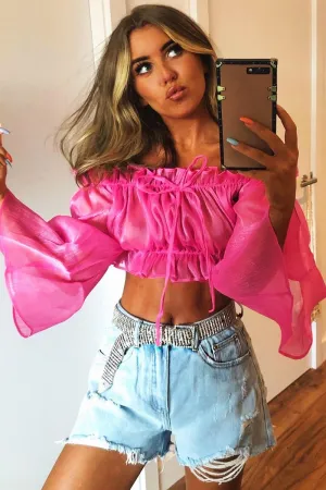 Hot Pink Mesh Frill Bardot Top - Rowe