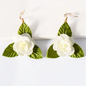 Ivory Lace & Green Flower Drop Earrings