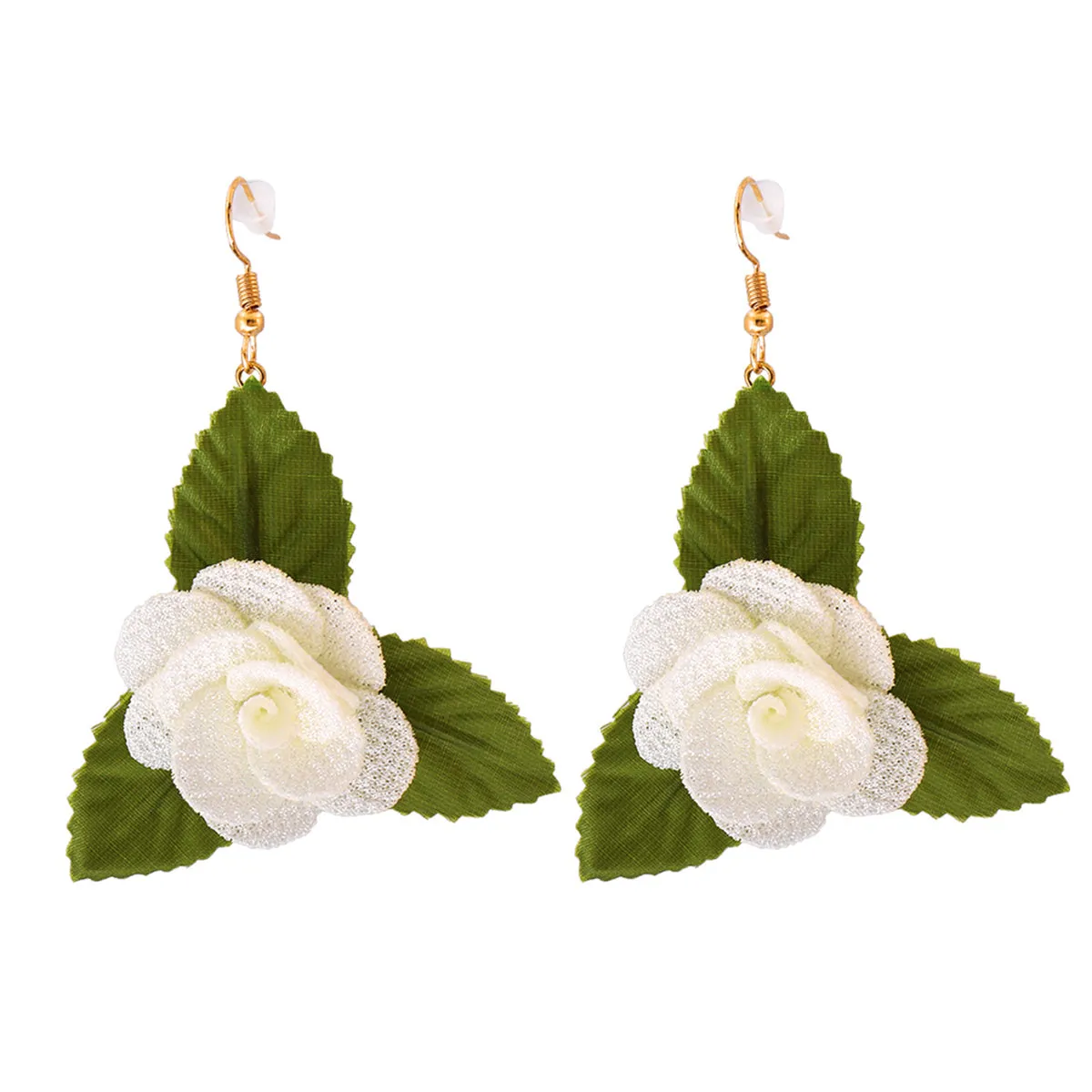 Ivory Lace & Green Flower Drop Earrings