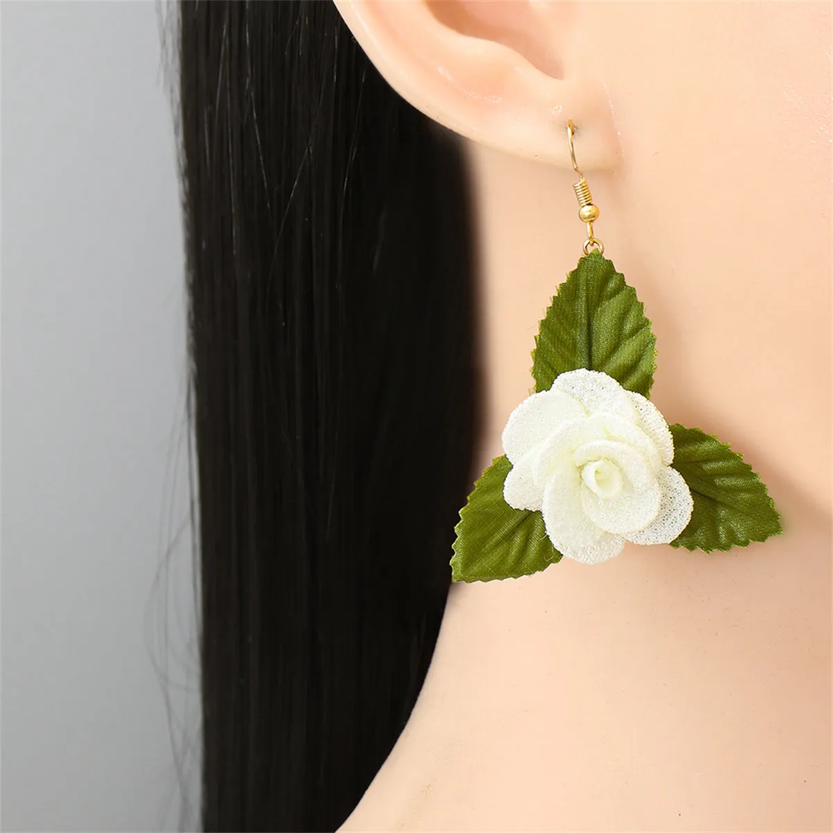 Ivory Lace & Green Flower Drop Earrings