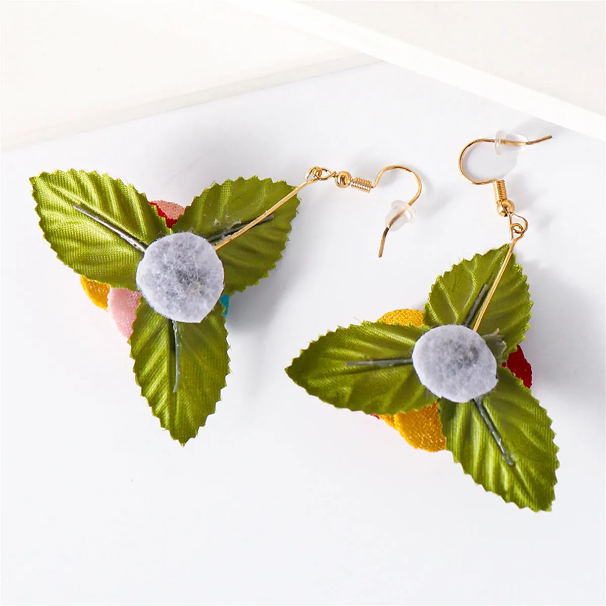 Ivory Lace & Green Flower Drop Earrings