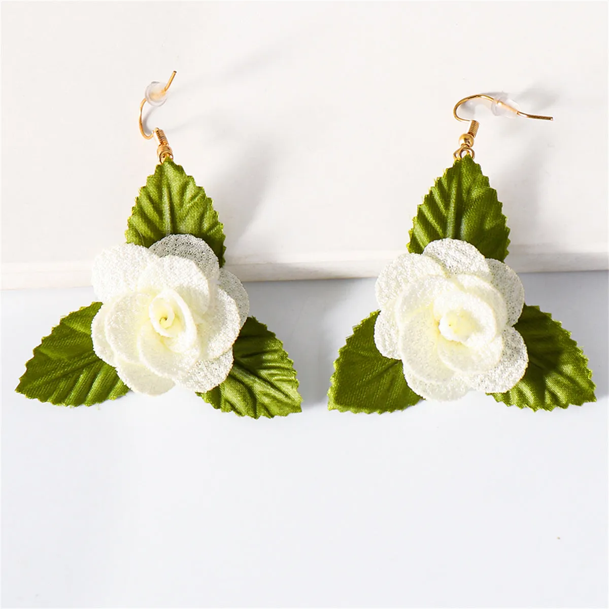 Ivory Lace & Green Flower Drop Earrings