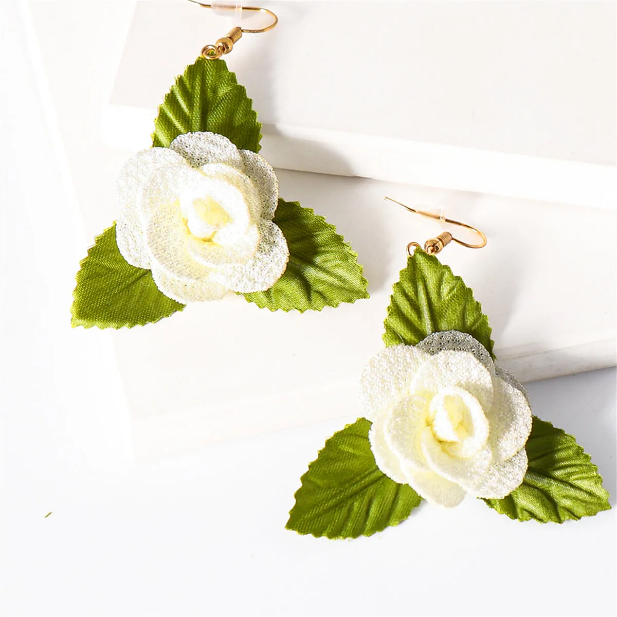 Ivory Lace & Green Flower Drop Earrings
