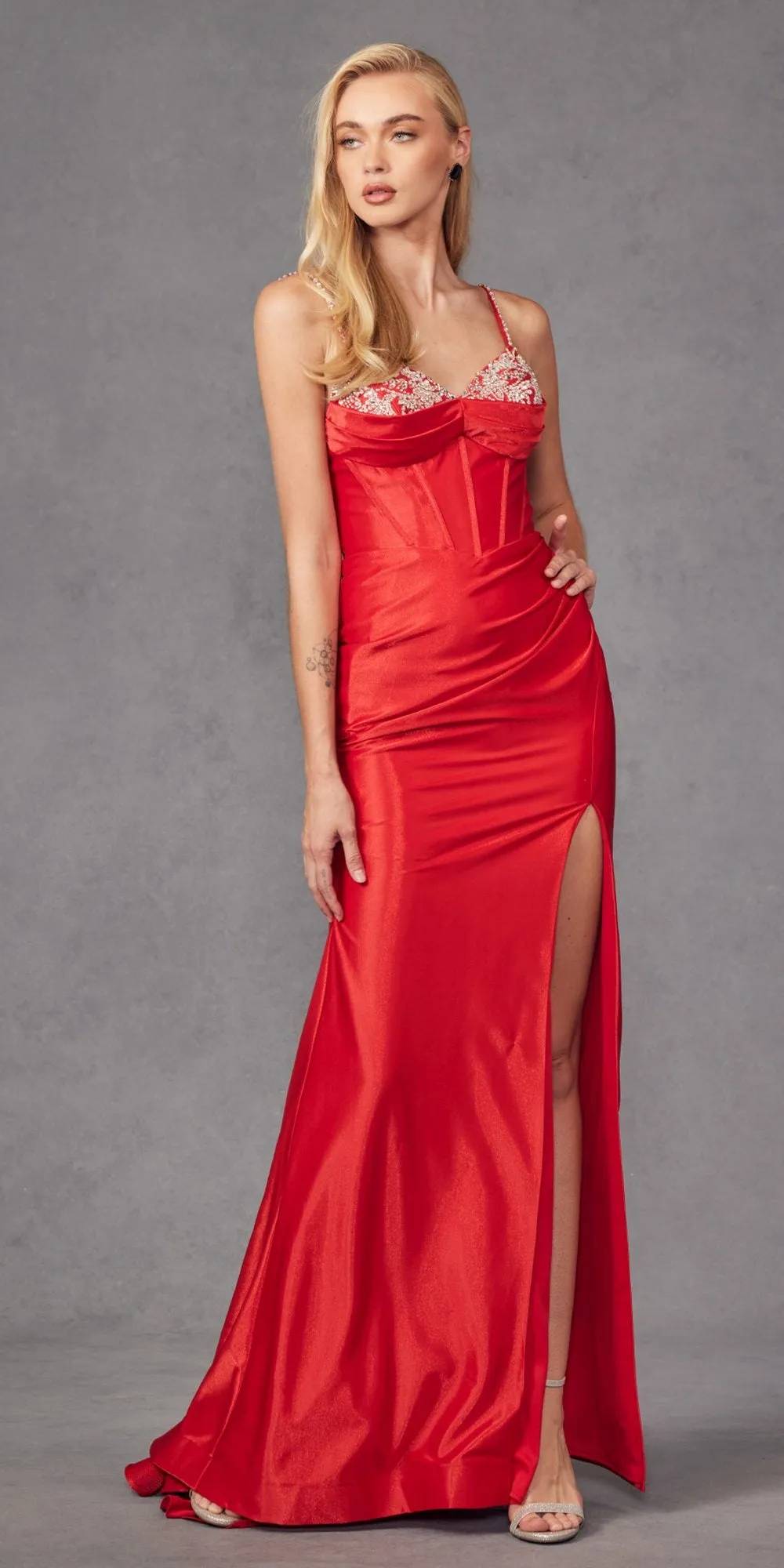 Juliet JT2434A Long V-Neck Embellished Corset Bodice Fitted Mermaid Gown