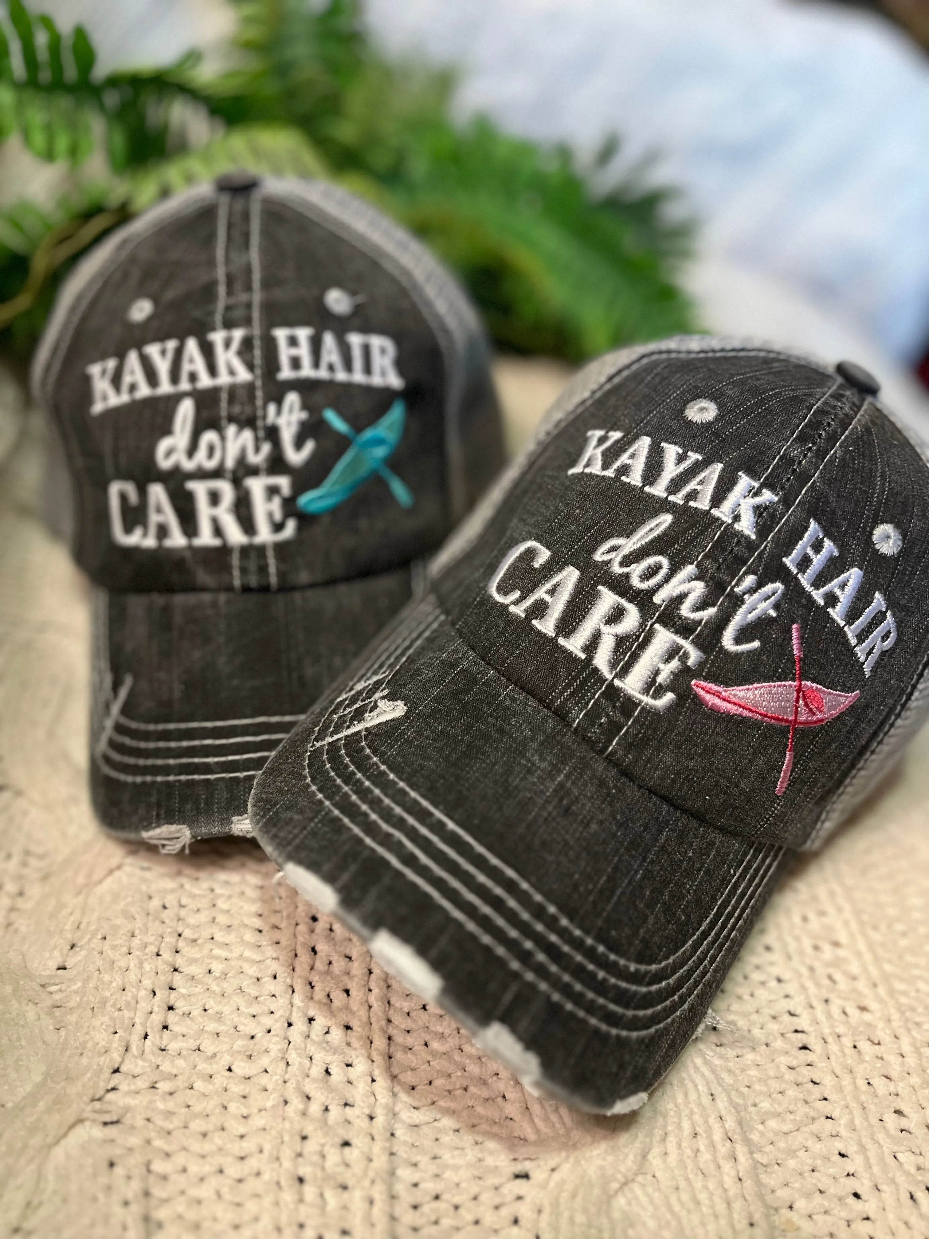 Kayak hats Kayak hair dont care Teal or pink kayak Unisex trucker cap