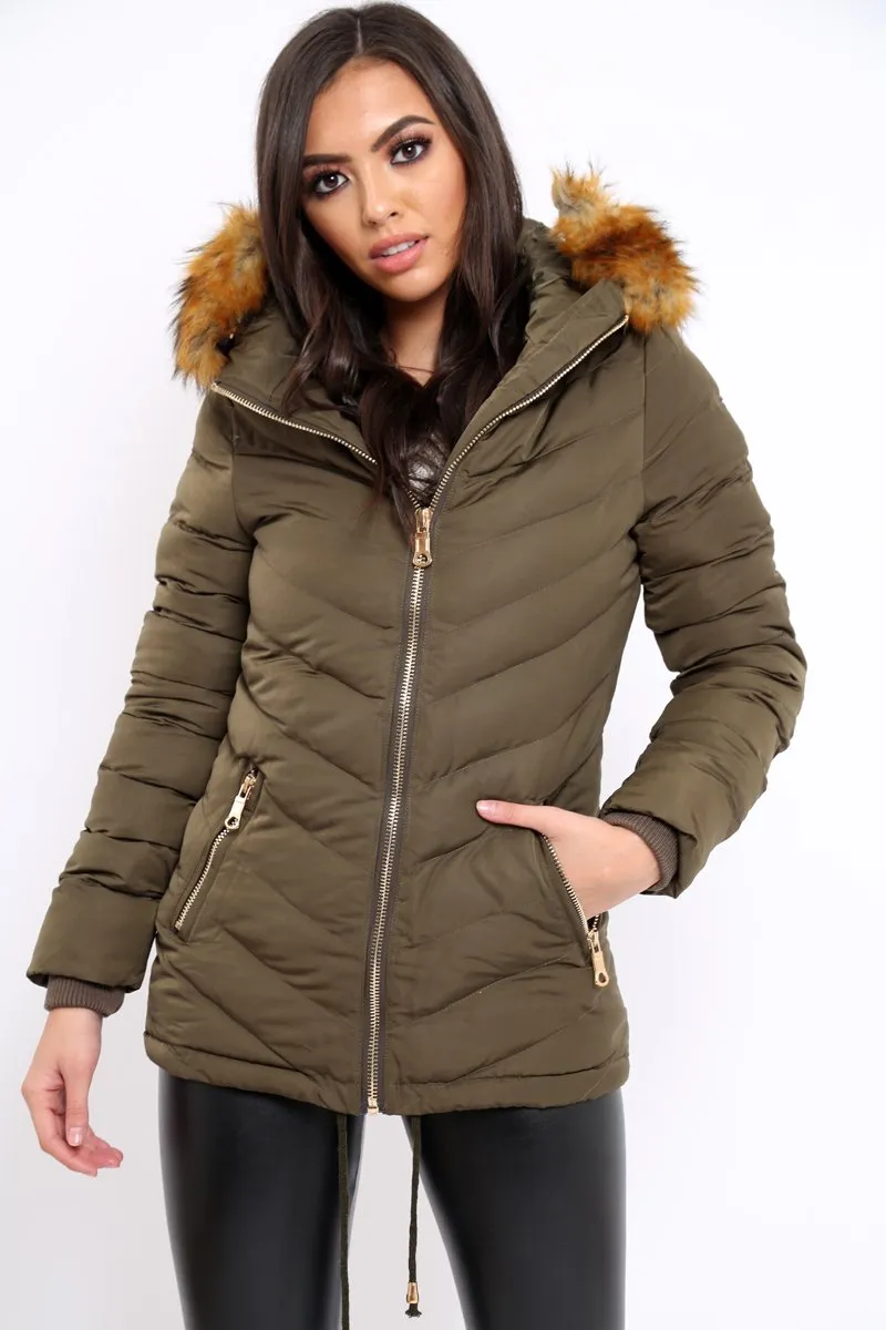 Khaki Padded Coat With Faux Fur Trim Hood - Jocelyn
