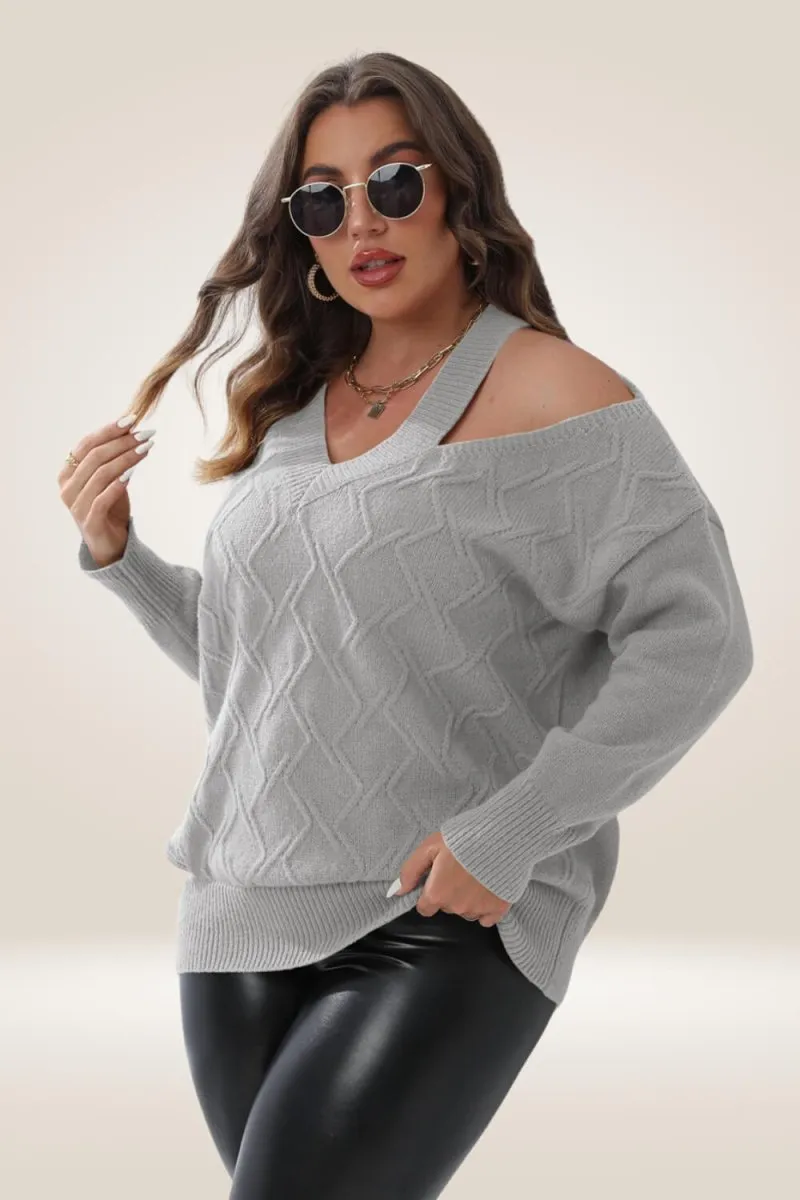 Knitted Off The Shoulder Gray Plus Size Sweater