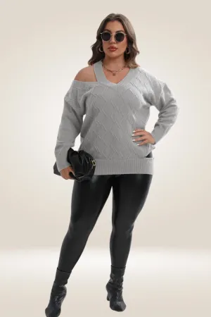 Knitted Off The Shoulder Gray Plus Size Sweater