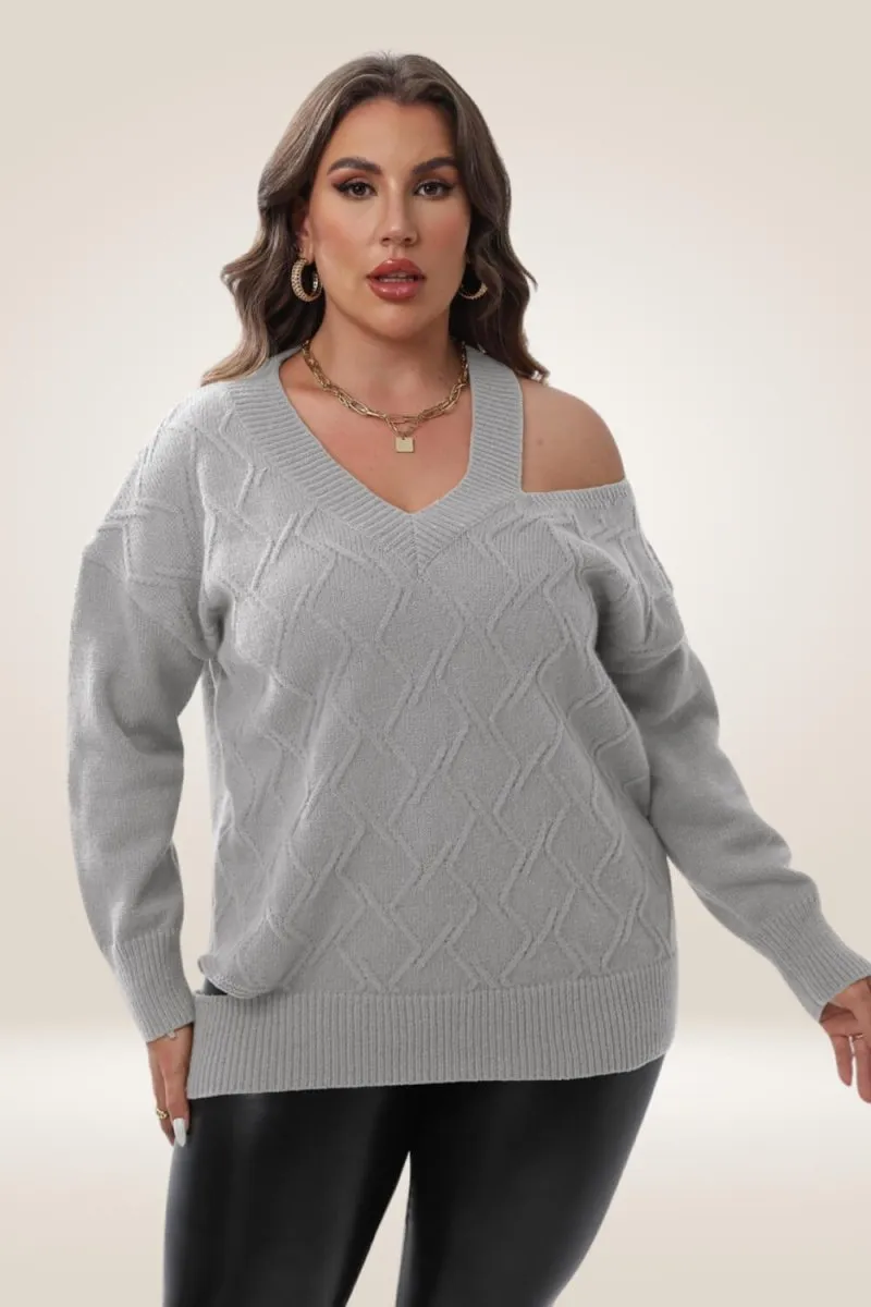 Knitted Off The Shoulder Gray Plus Size Sweater