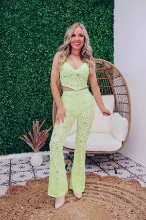 Lace Bandana Hem Crop Top & Pants Set - Lime